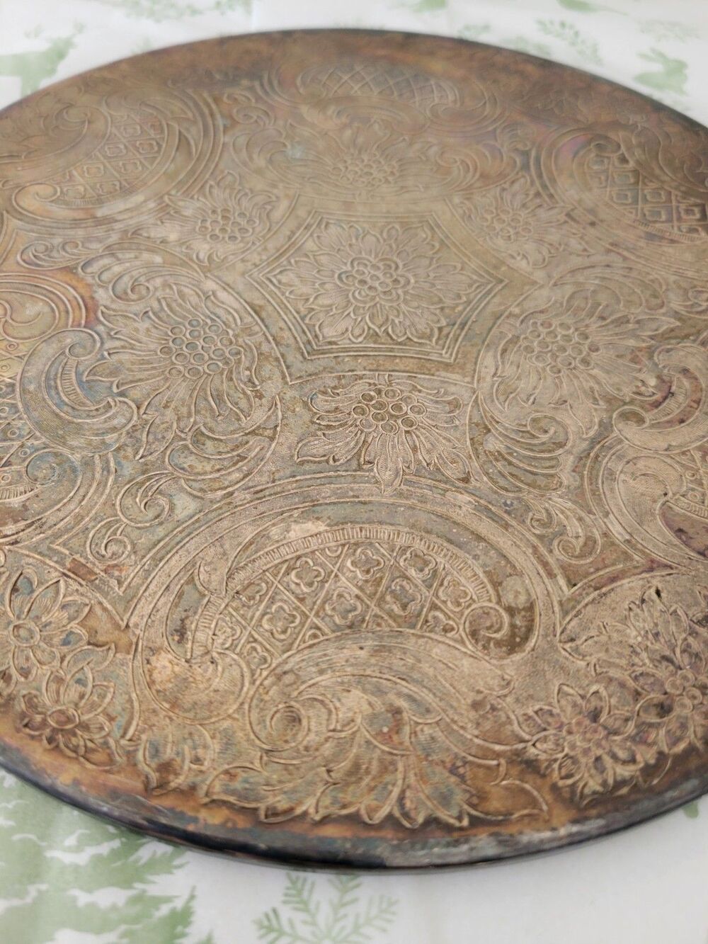 Made in England Vintage Round Embossed Tray Ornate Floral Boho Decor - Picture 4 of 9